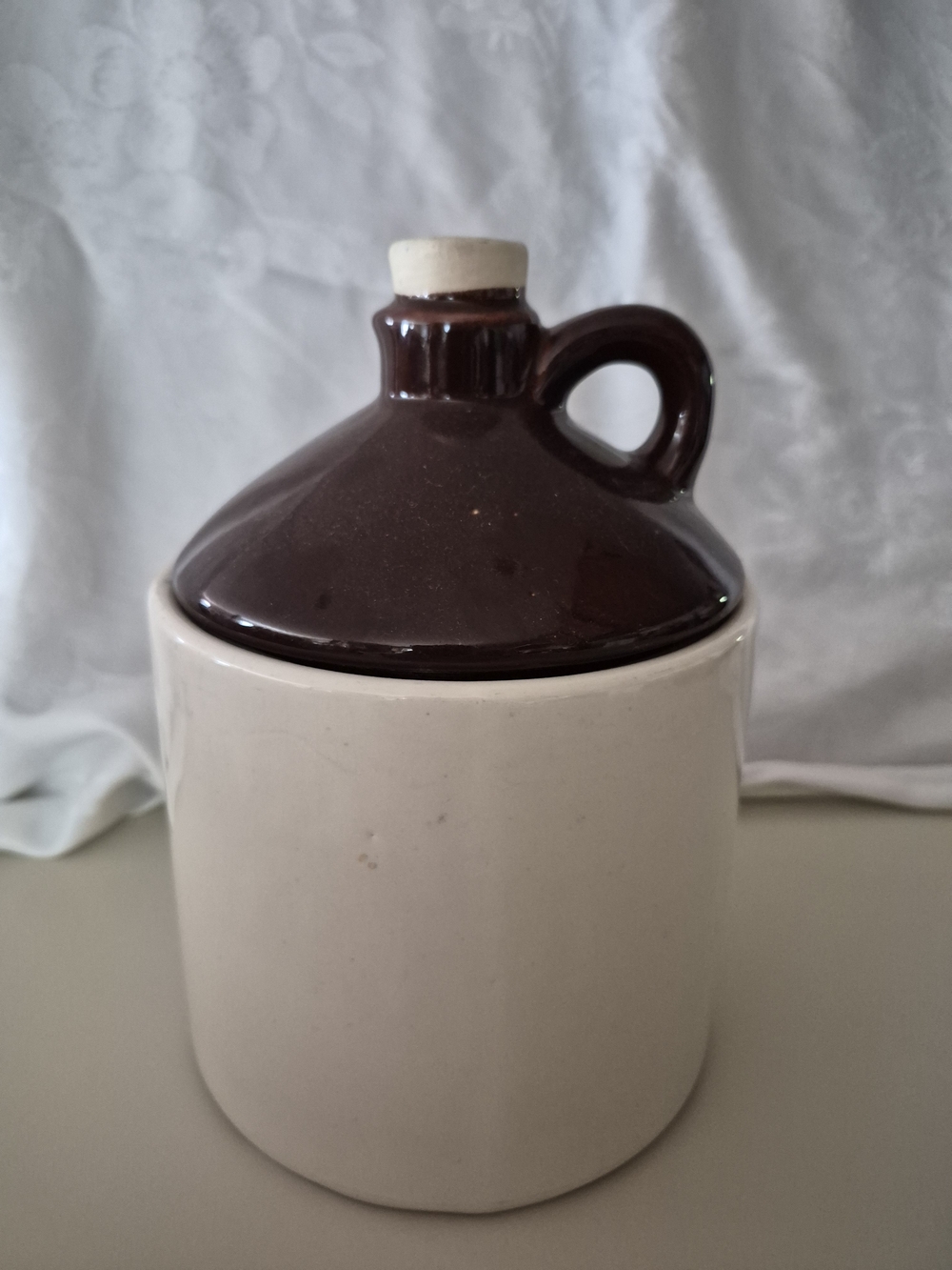 Vintage Two-Tone Ceramic Coomie Jar Storage Crock with Brown Lid and Cream Base